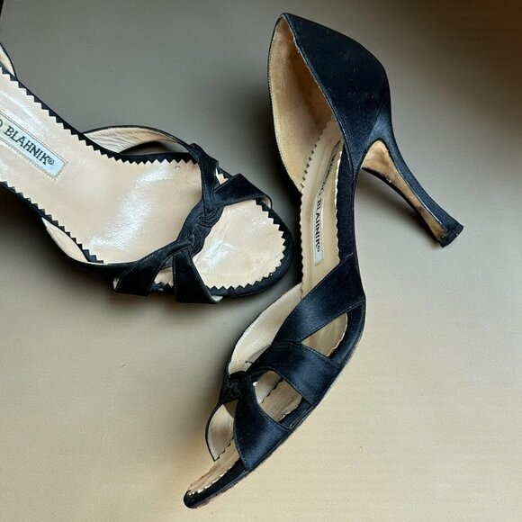 Manolo Blahnik Black Satin Heels Open Toe Sandals Evening Size 36.5 - Picture 1 of 9